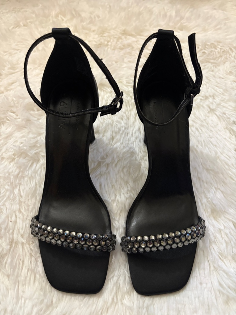 Black Crystal-Embellished Ankle Strap Heels - Women
